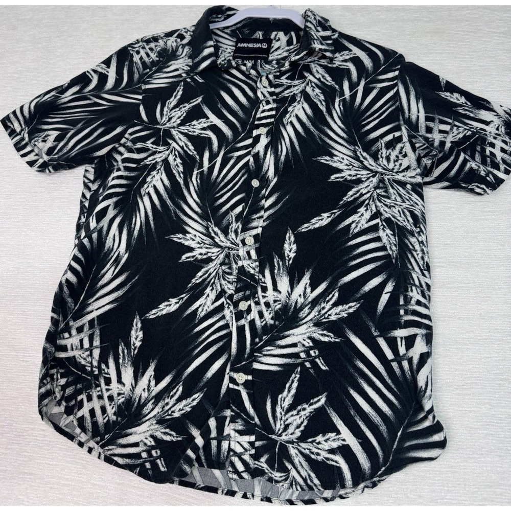 Amnesia Men's M Tropical Print Short Sleeve Button-Up Shirt Black White